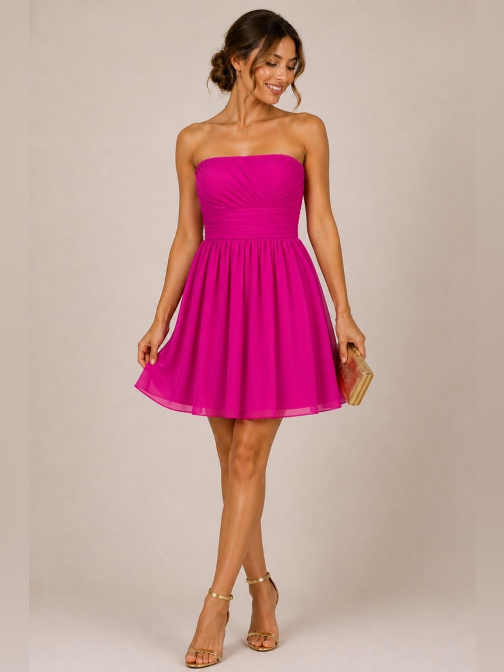 Hunter Dixon Silk Strapless Pink Cocktail Dress Pleated Fit Flare